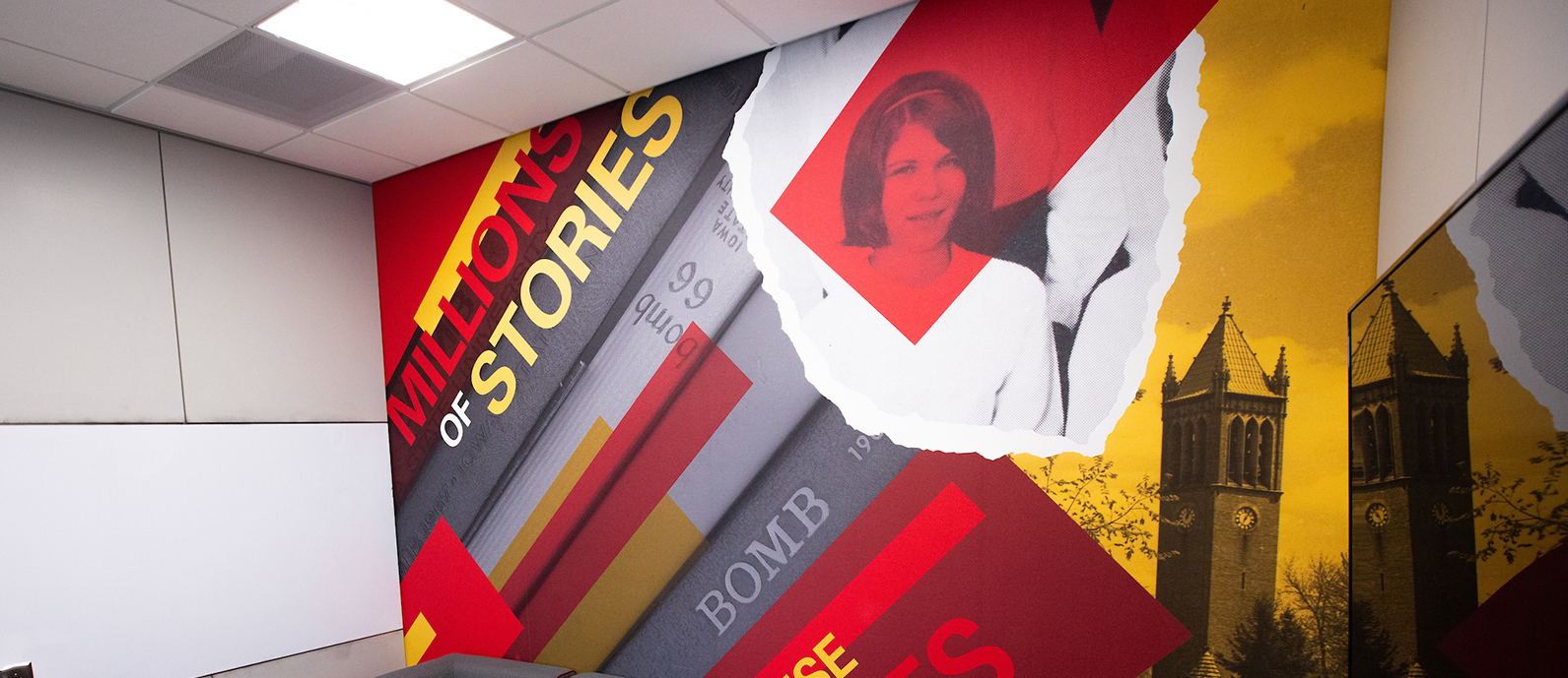 A collaboration space on the main level of Parks Library is decorated with a photo of donor Linda Soukup and the campanille.